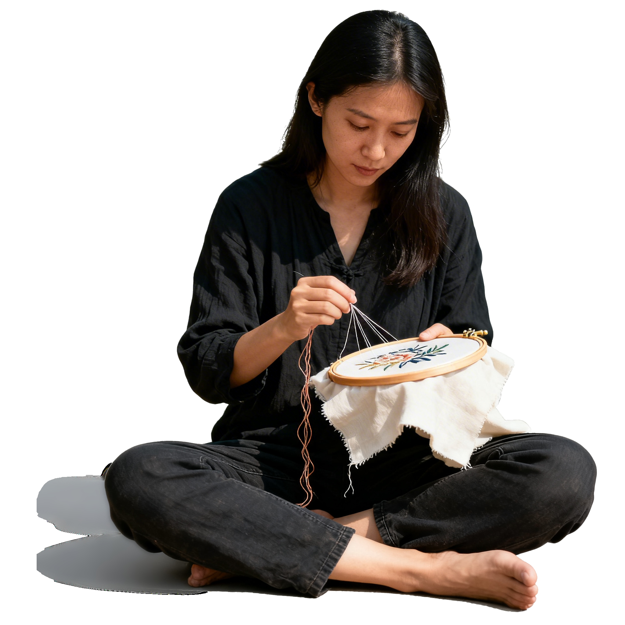 Artisan embroidering a floral motif on fabric in an embroidery hoop