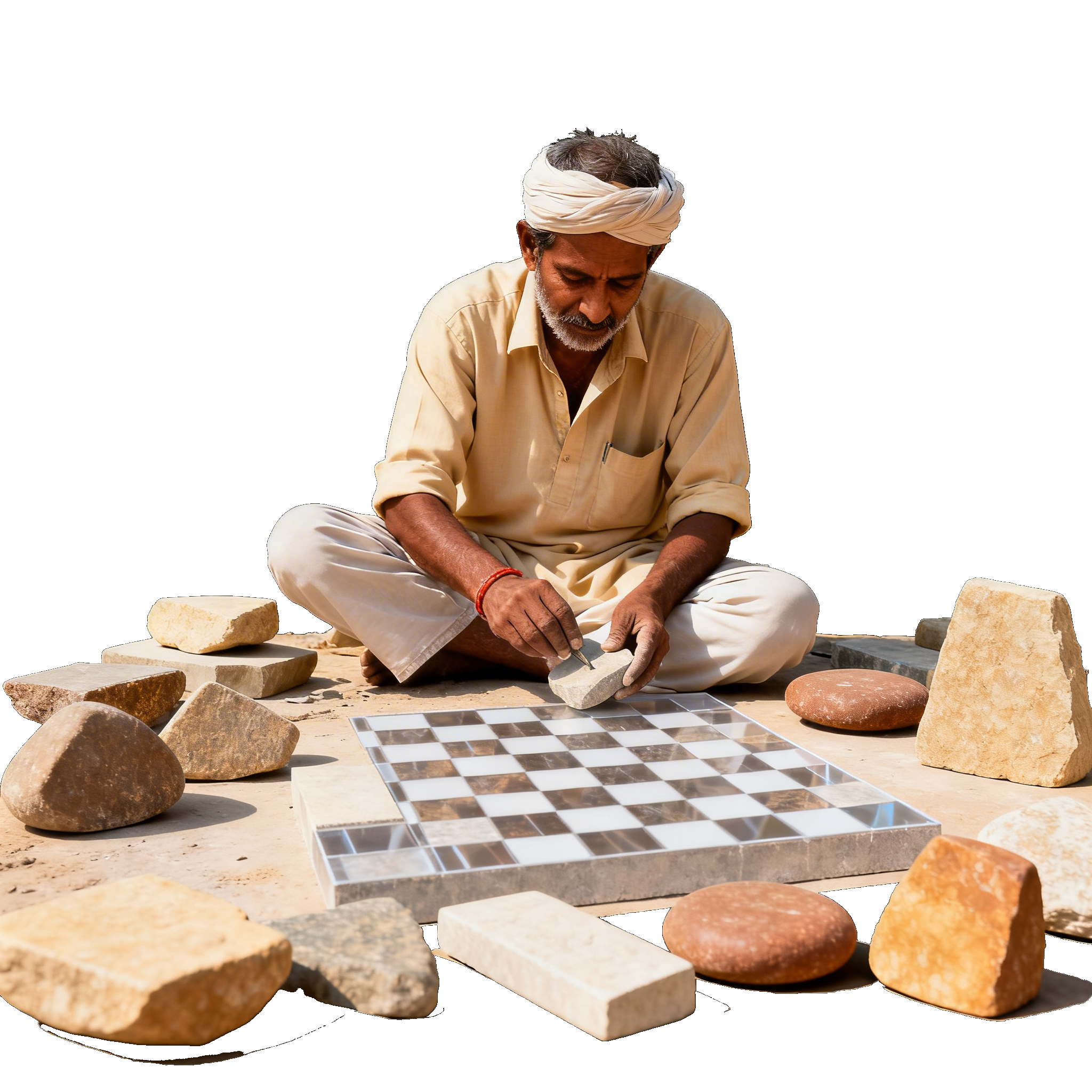 Craftsman working with stones, seated cross-legged on the ground