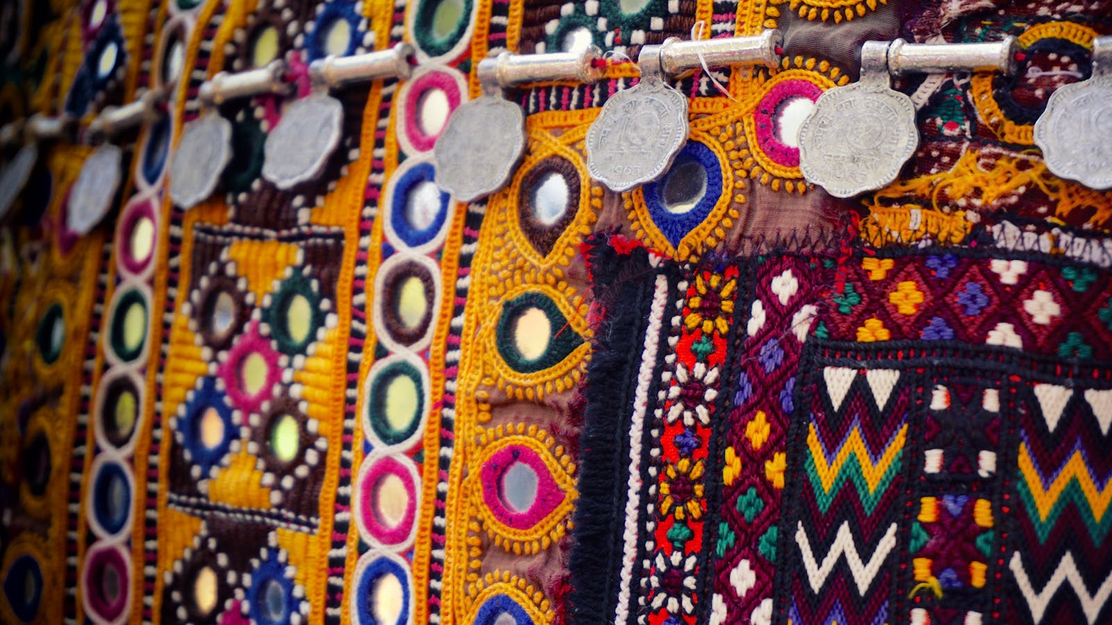 Close-up of multicoloured Indian embroidered textile artwork